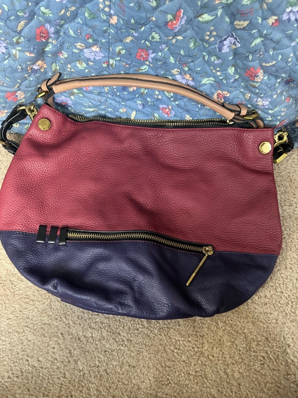 Women’s Two-Tone Leather Bag - Burgundy and Navy